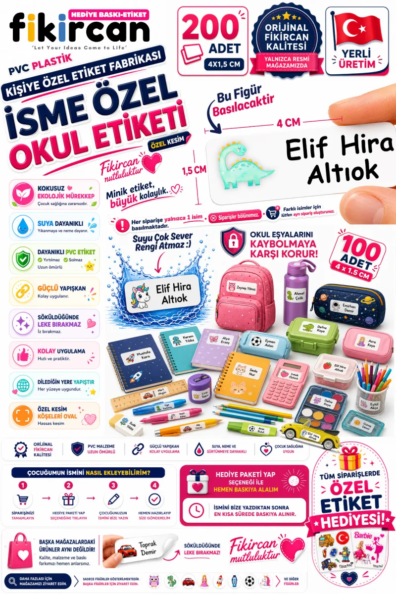 İsme Özel Okul Etiketi - 200 Adet - 1.5 x 4 cm - PVC Etiket - FİGÜR 40