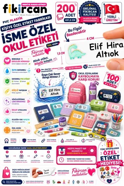 İsme Özel Okul Etiketi - 200 Adet - 1.5 x 4 cm - PVC Etiket - FİGÜR 40