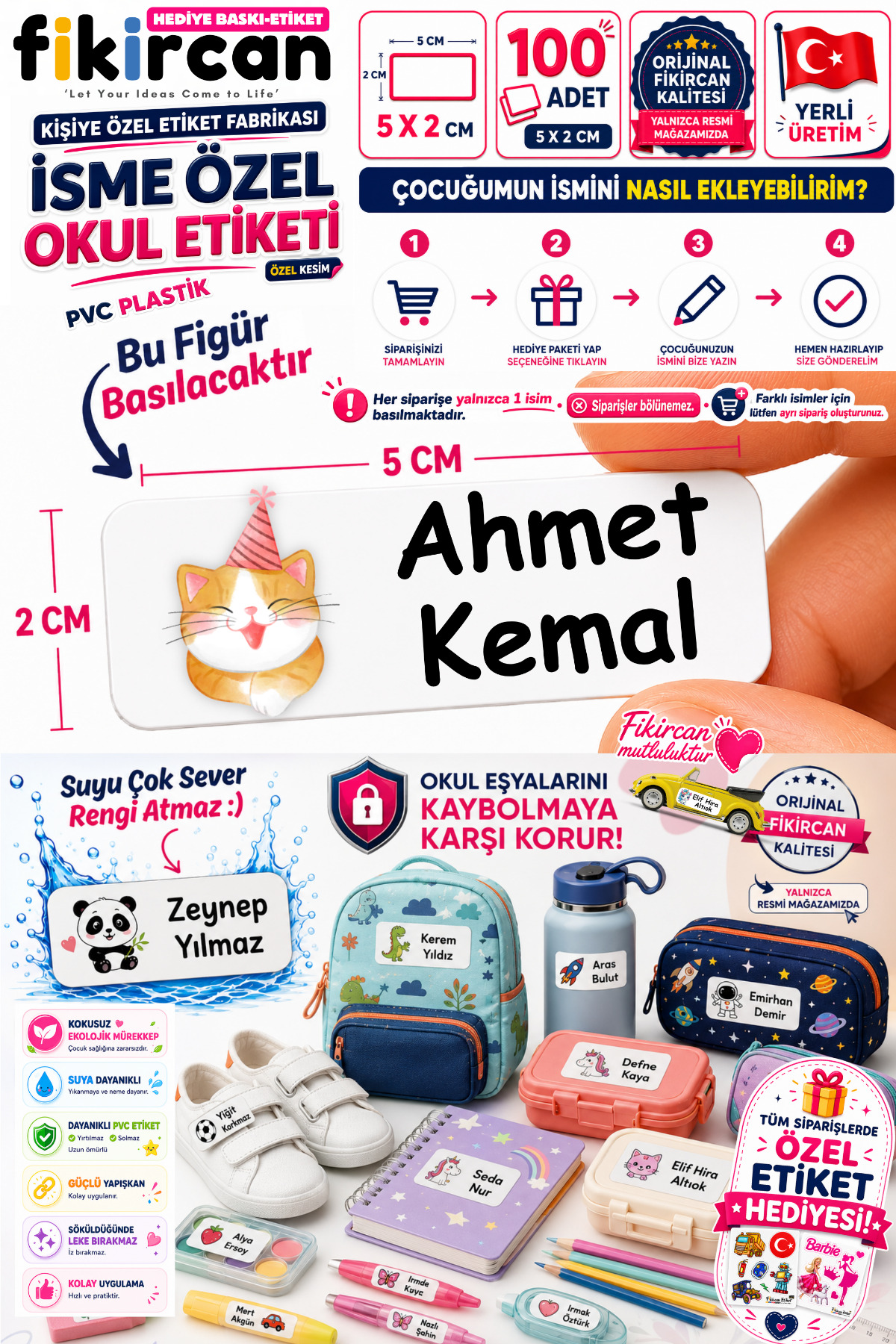 İsme Özel Okul Etiketi - 100 Adet - 5 x 2 cm - PVC Etiket - FİGÜR 132