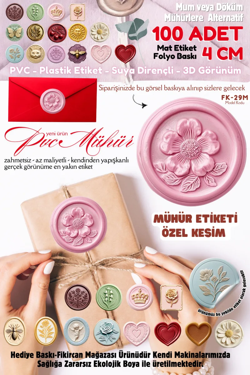 MÜHÜR ETİKETİ 100 Adet Kokusuz Ekolojik Mürekkep PVC ETİKET 4 CM MUM VE DÖKÜM ALTERNATİF — fotoğraf 1