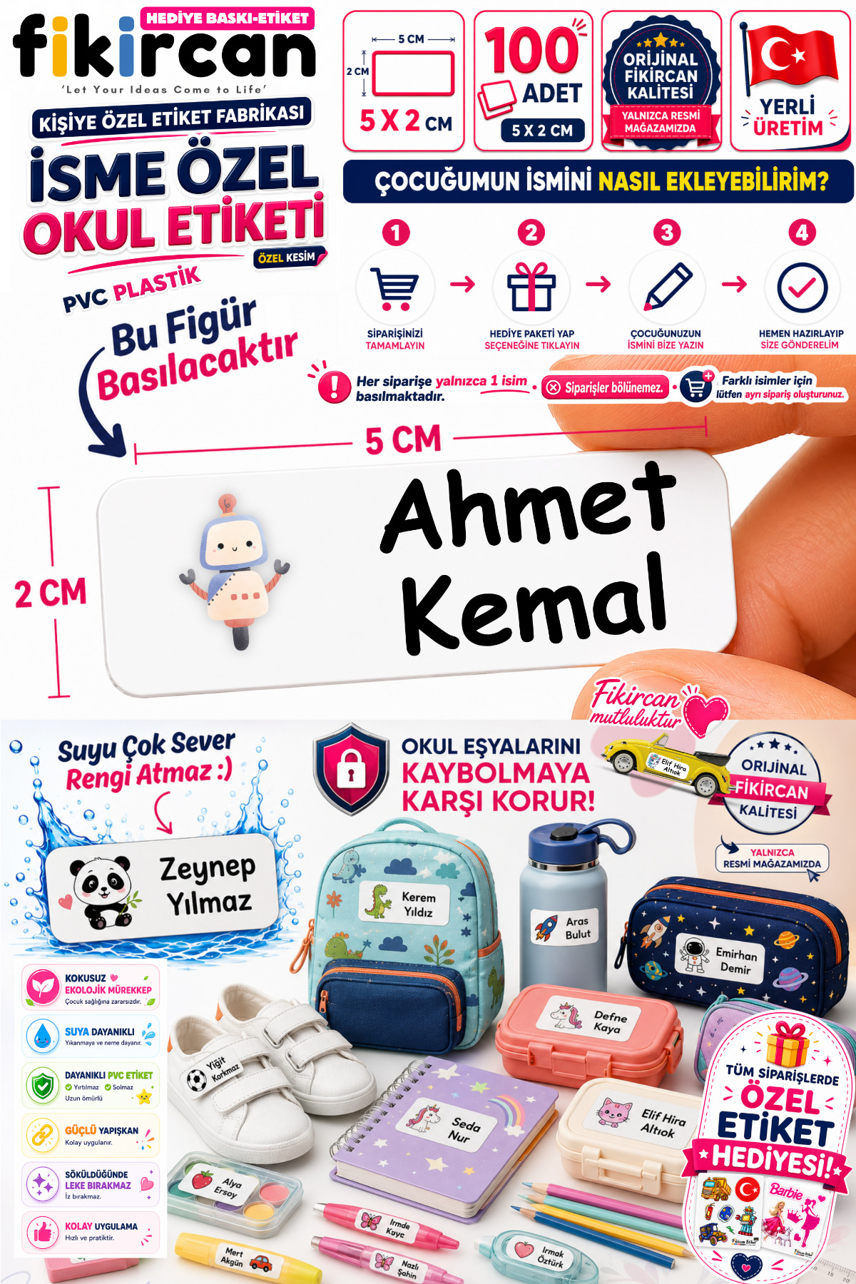 İsme Özel Okul Etiketi - 100 Adet - 5 x 2cm - PVC Etiket - FİGÜR 76