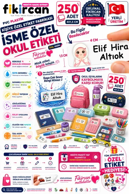 İsme Özel Okul Etiketi - 250 Adet - 1.5 x 4 cm - PVC Etiket - FİGÜR 137