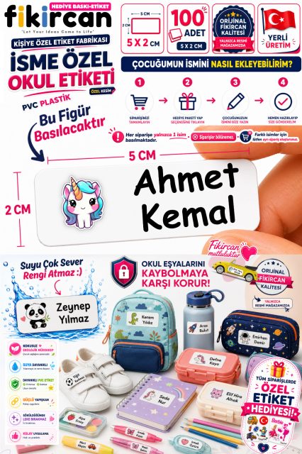 İsme Özel Okul Etiketi - 100 Adet - 5 x 2cm - PVC Etiket - FİGÜR 7