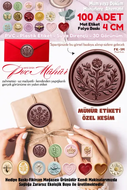 MÜHÜR ETİKETİ  100 Adet  Kokusuz Ekolojik Mürekkep PVC ETİKET 4 CM MUM VE DÖKÜM ALTERNATİF