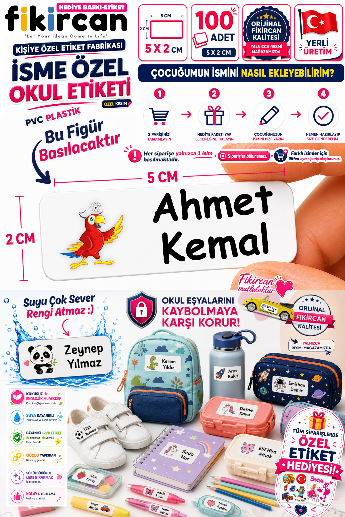 Isme Ozel Okul Etiketi - 100 Adet - 5 x 2 cm - PVC Etiket - FİGÜR 118