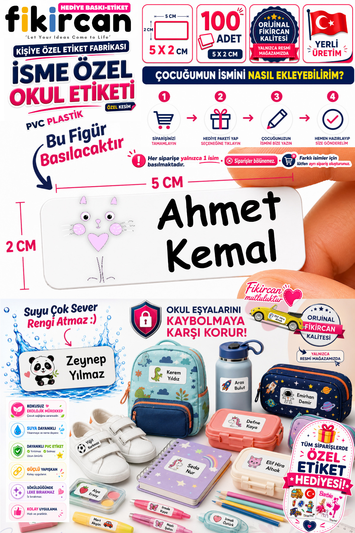 İsme Özel Okul Etiketi - 100 Adet - 5 x 2 cm - PVC Etiket - FİGÜR 89