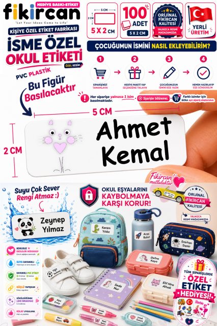 İsme Özel Okul Etiketi - 100 Adet - 5 x 2 cm - PVC Etiket - FİGÜR 89