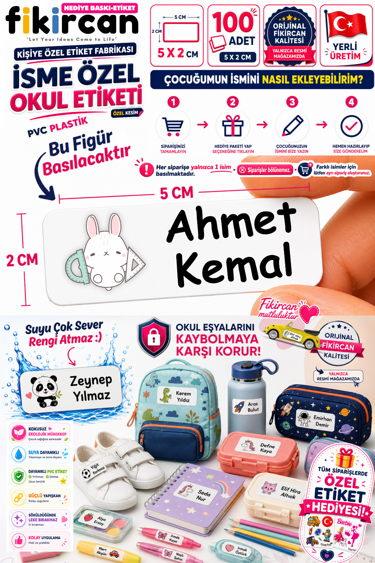 İsme Özel Okul Etiketi - 100 Adet - 5 x 2 cm - PVC Etiket - FİGÜR 93