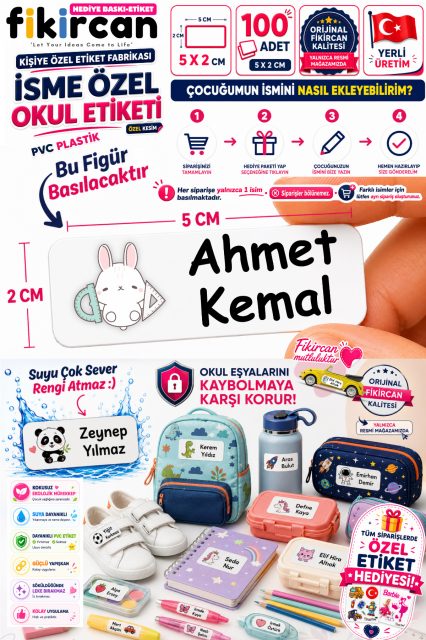 İsme Özel Okul Etiketi - 100 Adet - 5 x 2 cm - PVC Etiket - FİGÜR 93