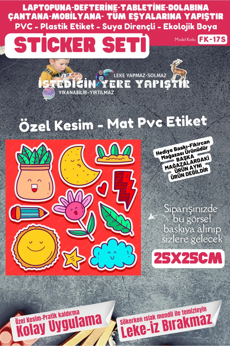 Fikircan Etiket Seti 25x25cm Pvc Sticker -Defter-Laptop-Tablet-Telefon-Dolap-Cam vb Her yere Yapışır — fotoğraf 1