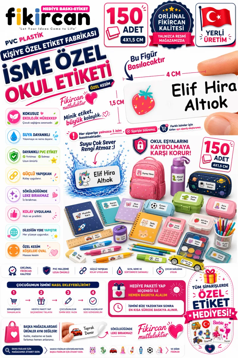 İsme Özel Okul Etiketi - 150 Adet - 1.5 x 4 cm - PVC Etiket - FİGÜR 31