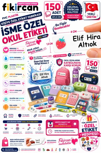 İsme Özel Okul Etiketi - 150 Adet - 1.5 x 4 cm - PVC Etiket - FİGÜR 31