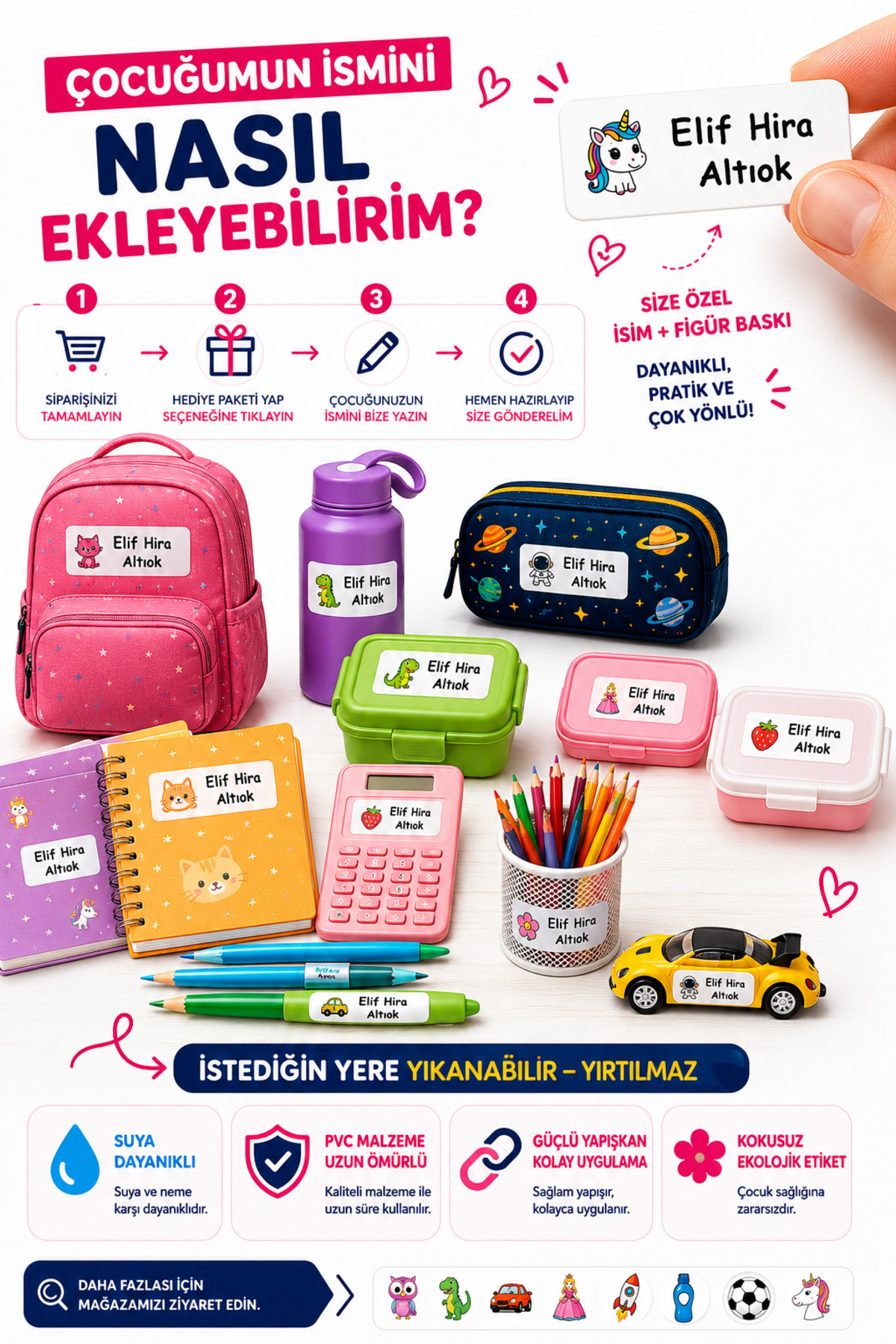 İsme Özel Okul Etiketi - 100 Adet - 5 x 2 cm - PVC Etiket - FİGÜR 119 — fotoğraf 4