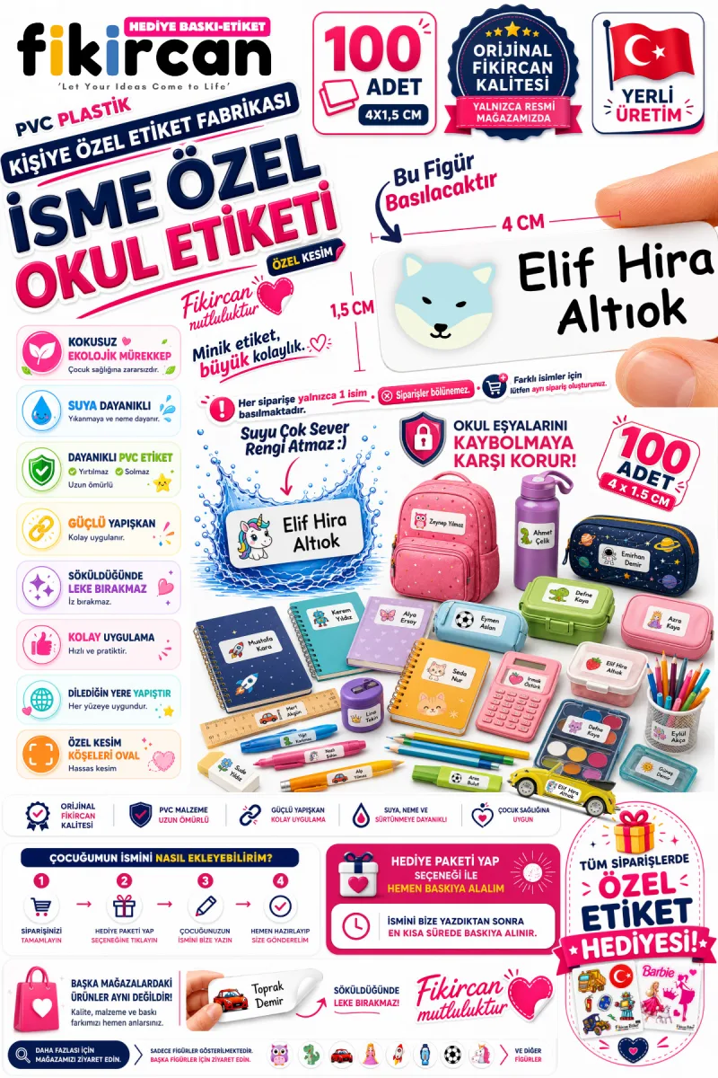 İsme Özel Okul Etiketi - 100 Adet - 1.5 x 4 cm - PVC Etiket - FİGÜR 38 — fotoğraf 1