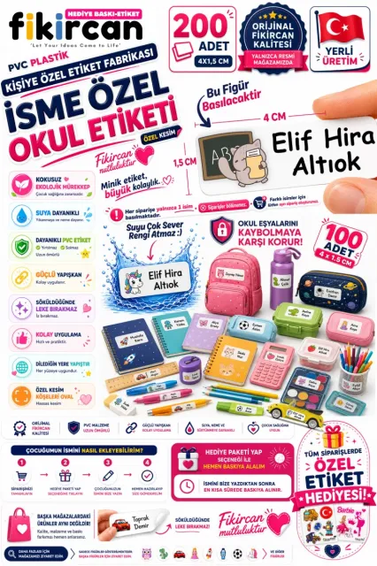 İsme Özel Okul Etiketi - 200 Adet - 1,5 x 4 cm - PVC Etiket - - FİGÜR 55