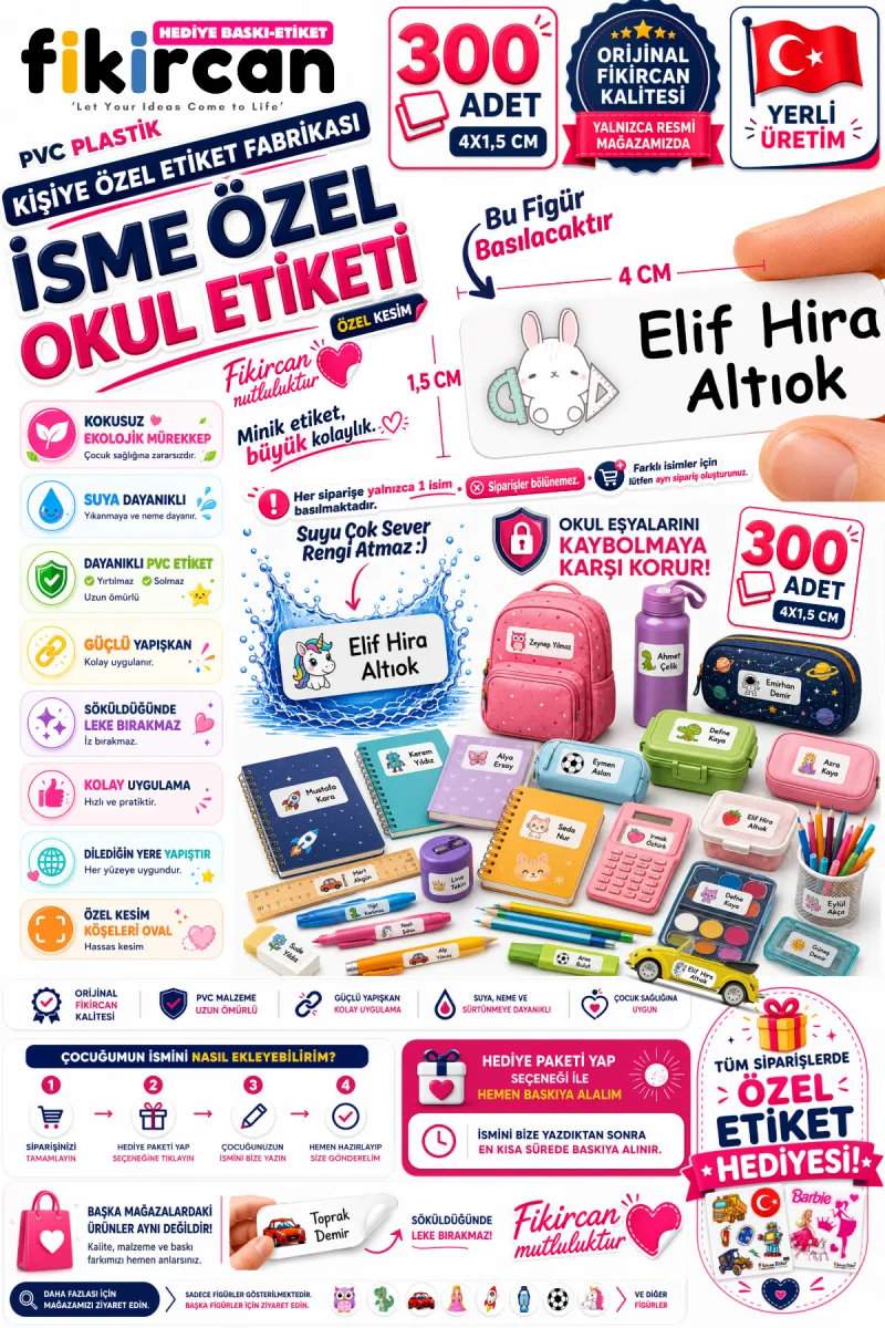 İsme Özel Okul Etiketi - 300 Adet - 1.5 x 4 cm - PVC Etiket - FİGÜR 93