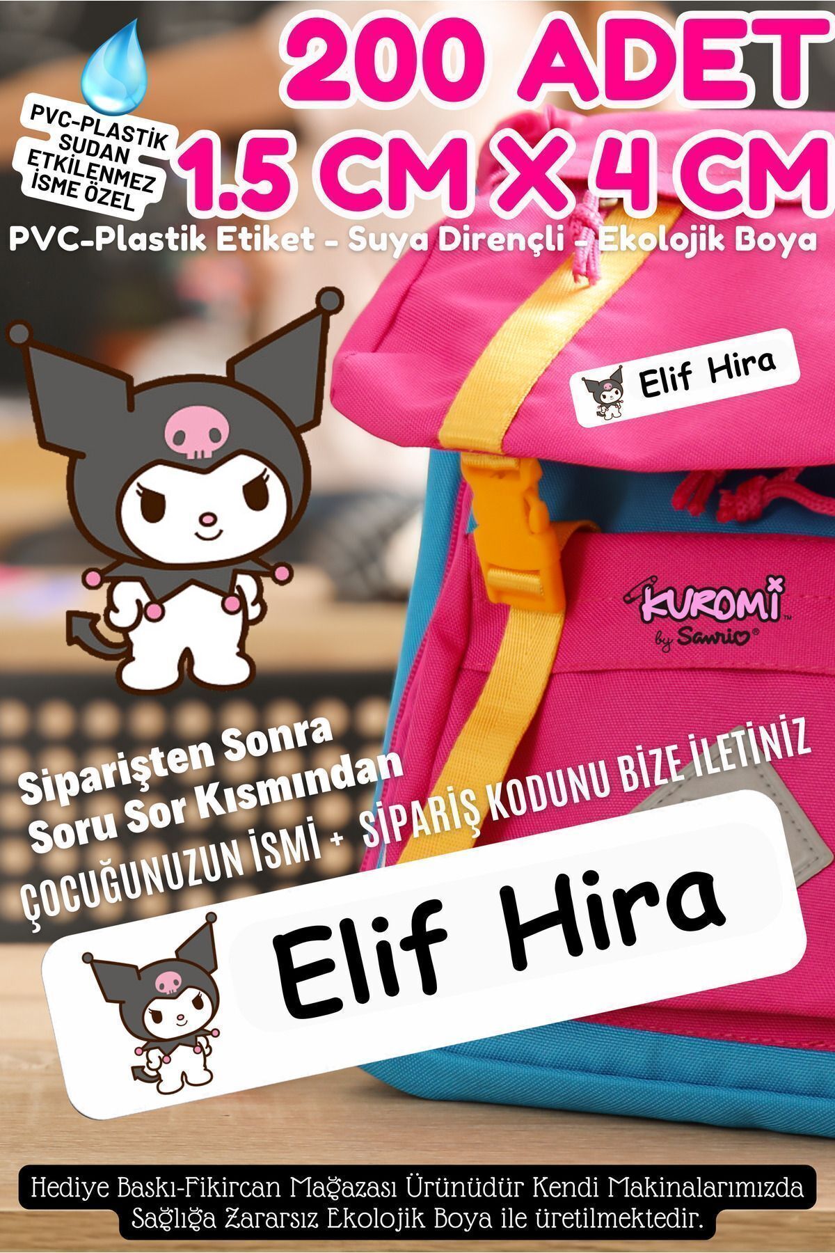 Fikircan - Kuromi Figür İsme Özel Okul Etiket Seti - 200 Adet - Kokusuz Ekolojik Mürekkep PVC ETİKET