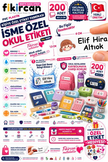 İsme Özel Okul Etiketi - 200 Adet - 1.5 x 4 cm - PVC Etiket - FİGÜR 46 1453260718252