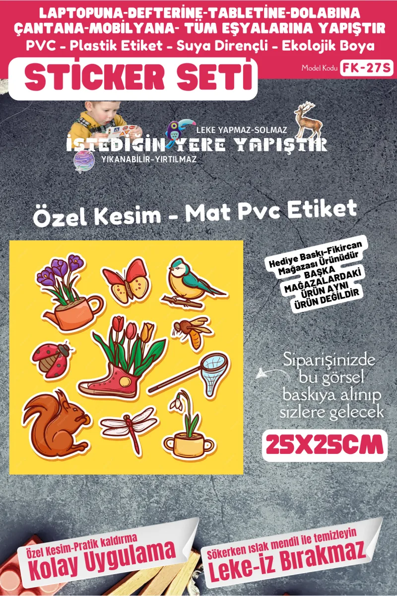 Fikircan Etiket Seti 25x25cm Pvc Sticker -Defter-Laptop-Tablet-Telefon-Dolap-Cam vb Her yere Yapışır — fotoğraf 1