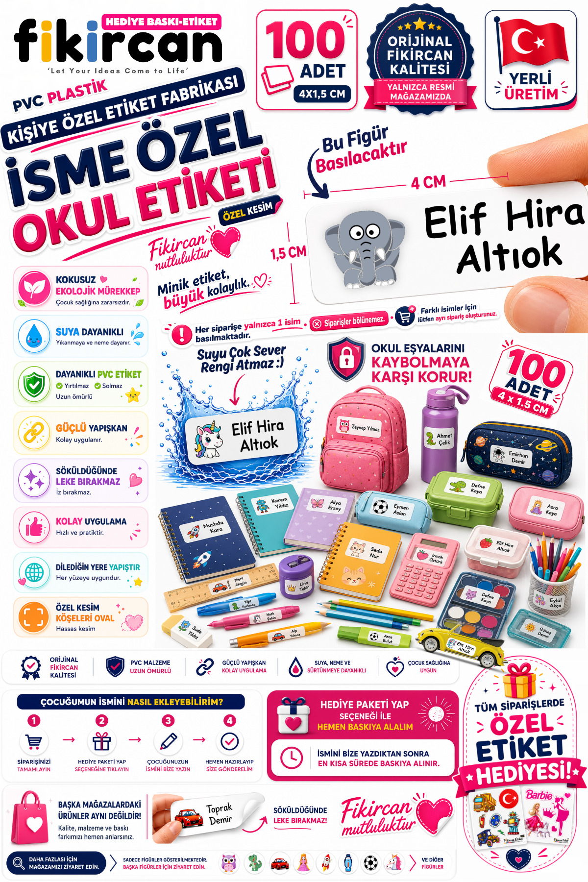 İsme Özel Okul Etiketi - 100 Adet - 1.5 x 4 cm - PVC Etiket - FİGÜR 117