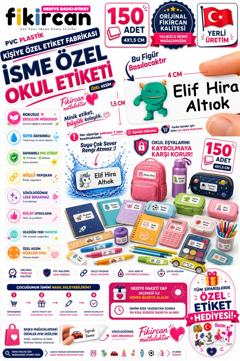 İsme Özel Okul Etiketi - 150 Adet - 1.5 x 4 cm - PVC Etiket - FİGÜR 19