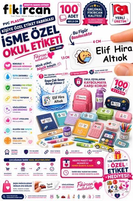 İsme Özel Okul Etiketi - 100 Adet - 1.5 x 4 cm - PVC Etiket - FİGÜR 97