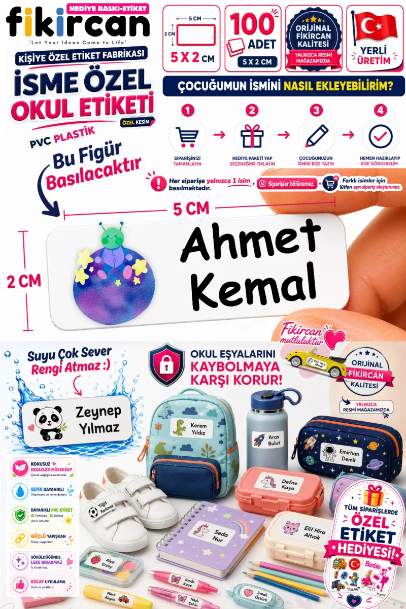 İsme Özel Okul Etiketi - 100 Adet - 5 x 2 cm - PVC Etiket - FİGÜR 12