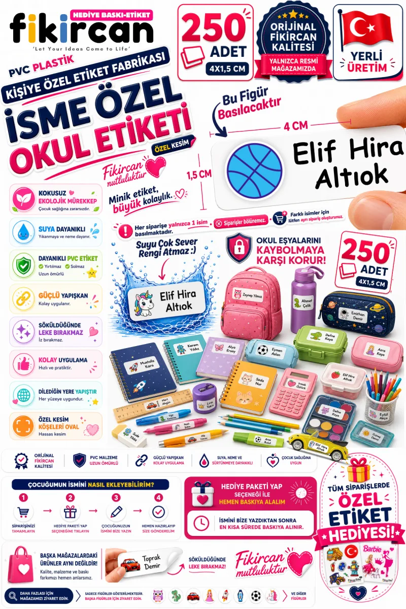 İsme Özel Okul Etiketi - 250 Adet - 1.5 x 4 cm - PVC Etiket - FİGÜR 82