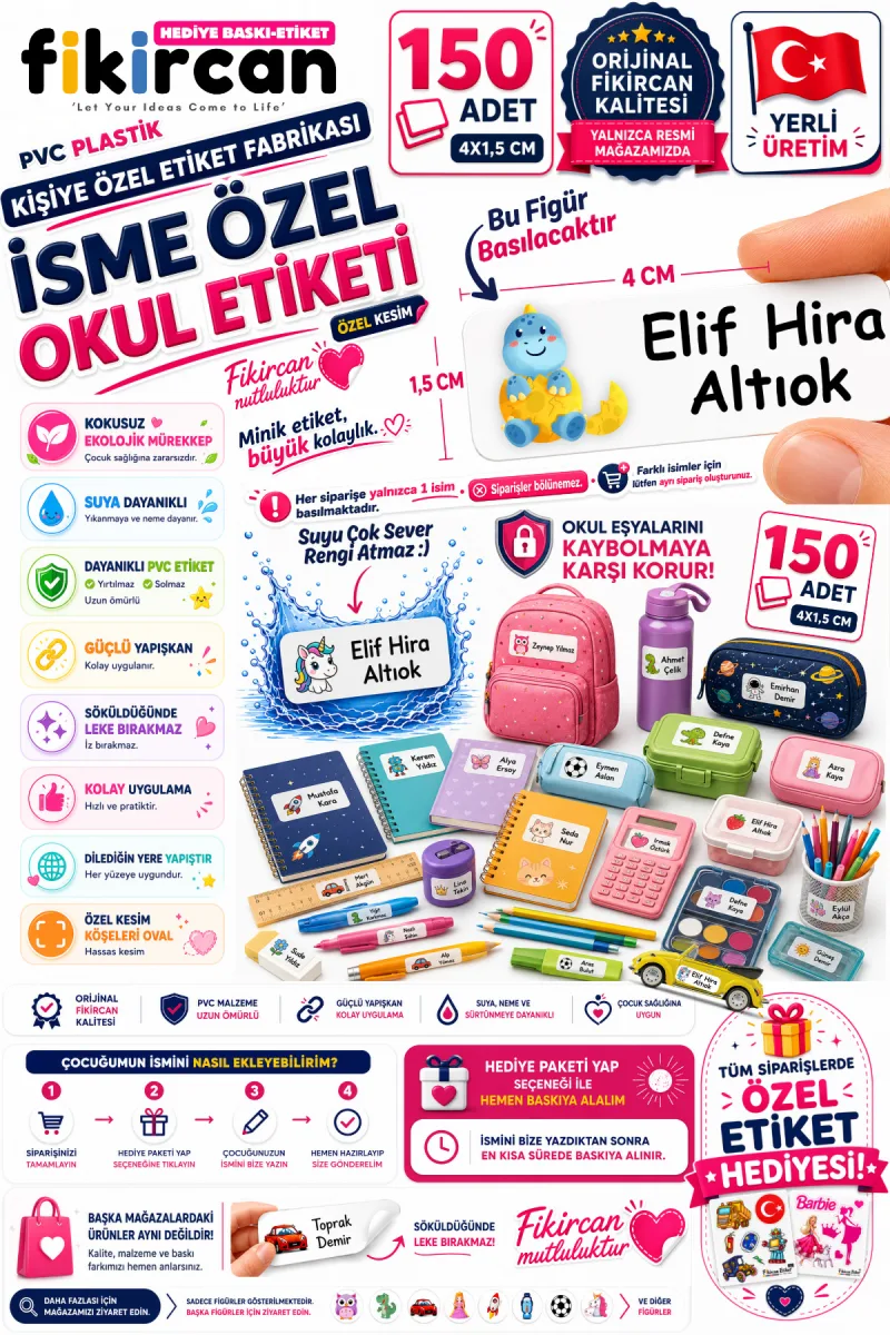 İsme Özel Okul Etiketi - 150 Adet - 1.5 x 4 cm - PVC Etiket - FİGÜR 69
