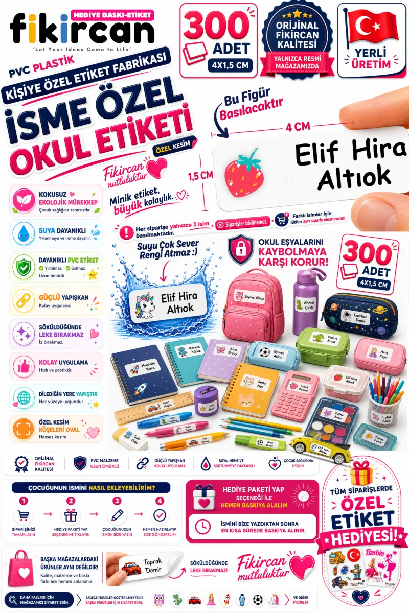 İsme Özel Okul Etiketi - 300 Adet - 1.5 x 4 cm - PVC Etiket - FİGÜR 31