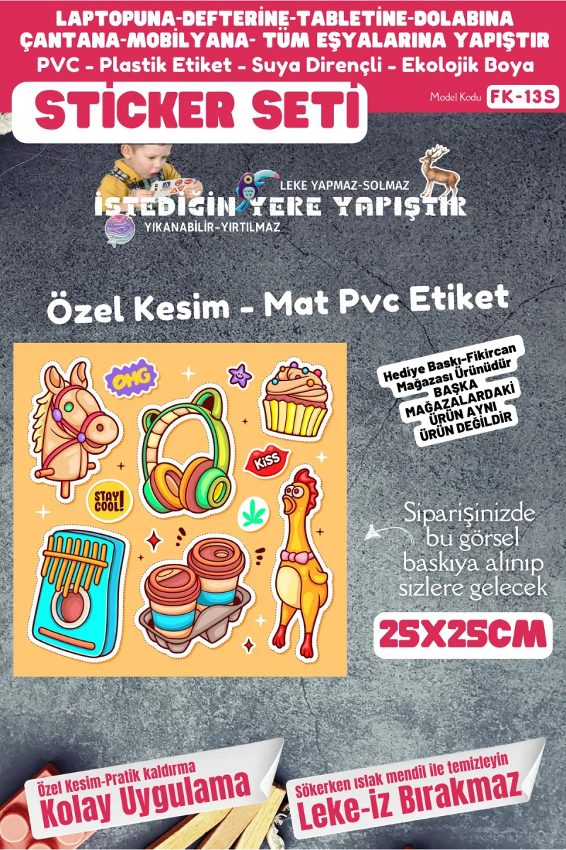 Fikircan Etiket Seti 25x25cm Pvc Sticker -Defter-Laptop-Tablet-Telefon-Dolap-Cam vb Her yere Yapışır — fotoğraf 1
