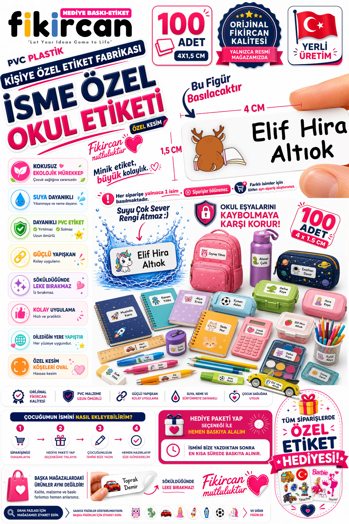 İsme Özel Okul Etiketi - 100 Adet - 1.5 x 4 cm - PVC Etiket - FİGÜR 91