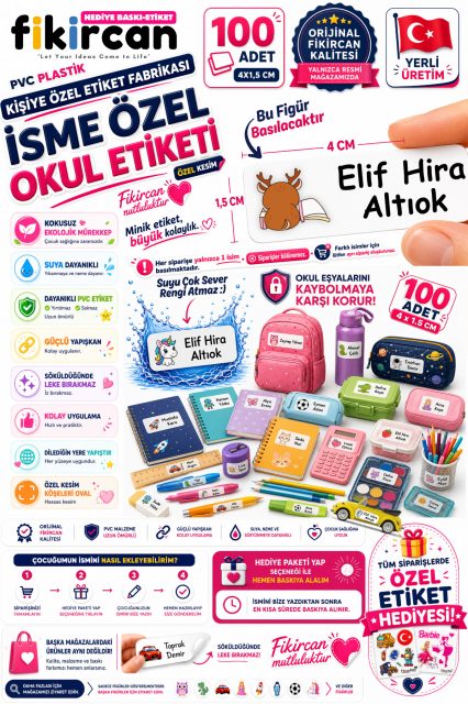 İsme Özel Okul Etiketi - 100 Adet - 1.5 x 4 cm - PVC Etiket - FİGÜR 91