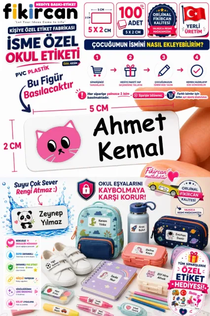 İsme Özel Okul Etiketi - 100 Adet - 5 x 2 cm - PVC Etiket - FİGÜR 34