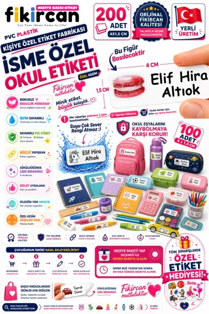 İsme Özel Okul Etiketi - 200 Adet - 1.5 x 4 cm - PVC Etiket - FİGÜR 44