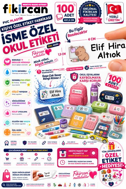İsme Özel Okul Etiketi - 100 Adet - 1.5 x 4 cm - PVC Etiket - FİGÜR 57