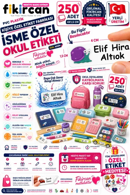 İsme Özel Okul Etiketi - 250 Adet - 1.5 x 4 cm - PVC Etiket - FİGÜR 116