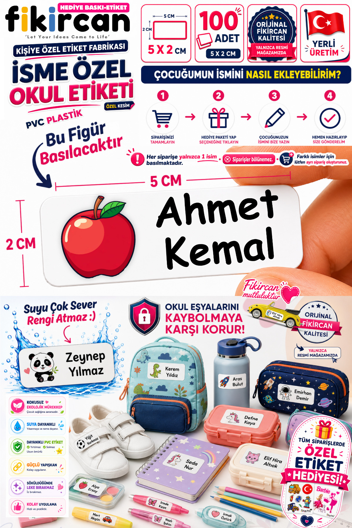 İsme Özel Okul Etiketi - 100 Adet - 5 x 2 cm - PVC Etiket - FİGÜR 110