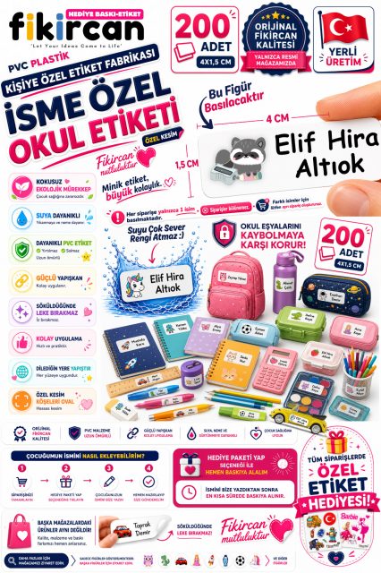 İsme Özel Okul Etiketi - 200 Adet - 1.5 x 4 cm - PVC Etiket - FİGÜR 81 1453260718232