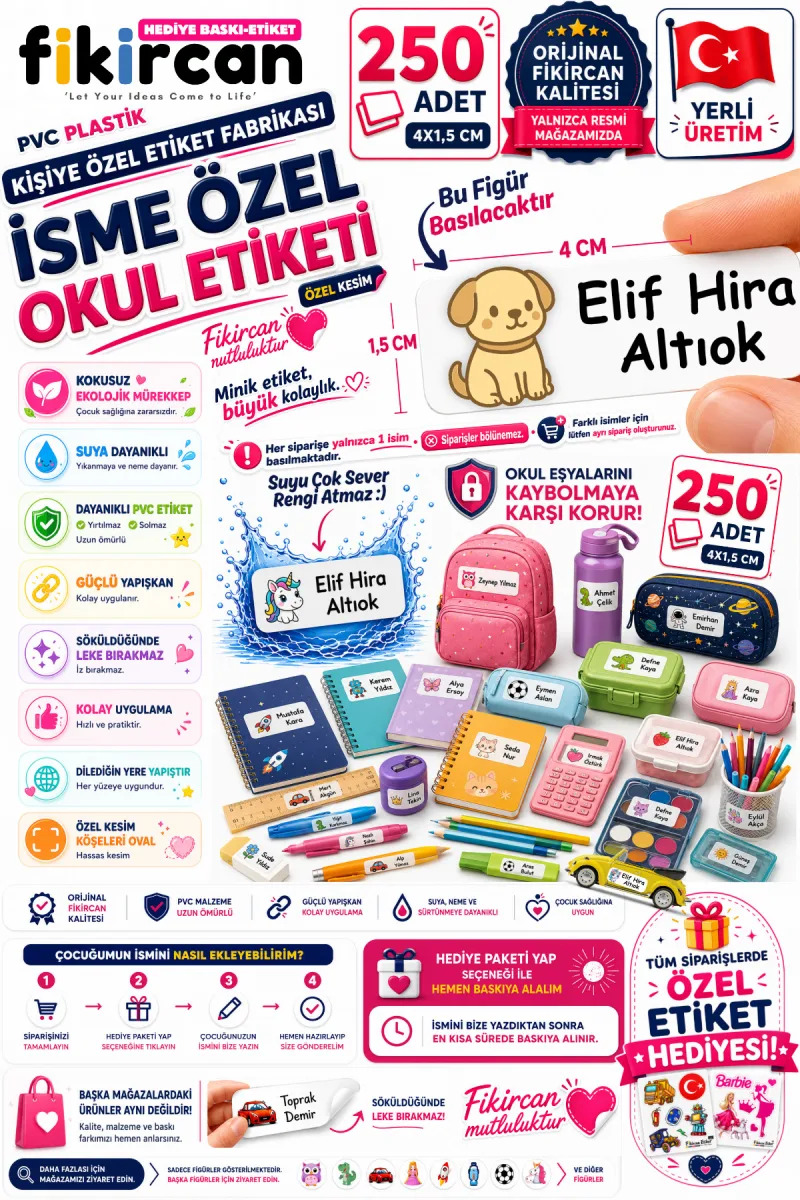 İsme Özel Okul Etiketi - 250 Adet - 1.5 x 4 cm - PVC Etiket - FİGÜR 102