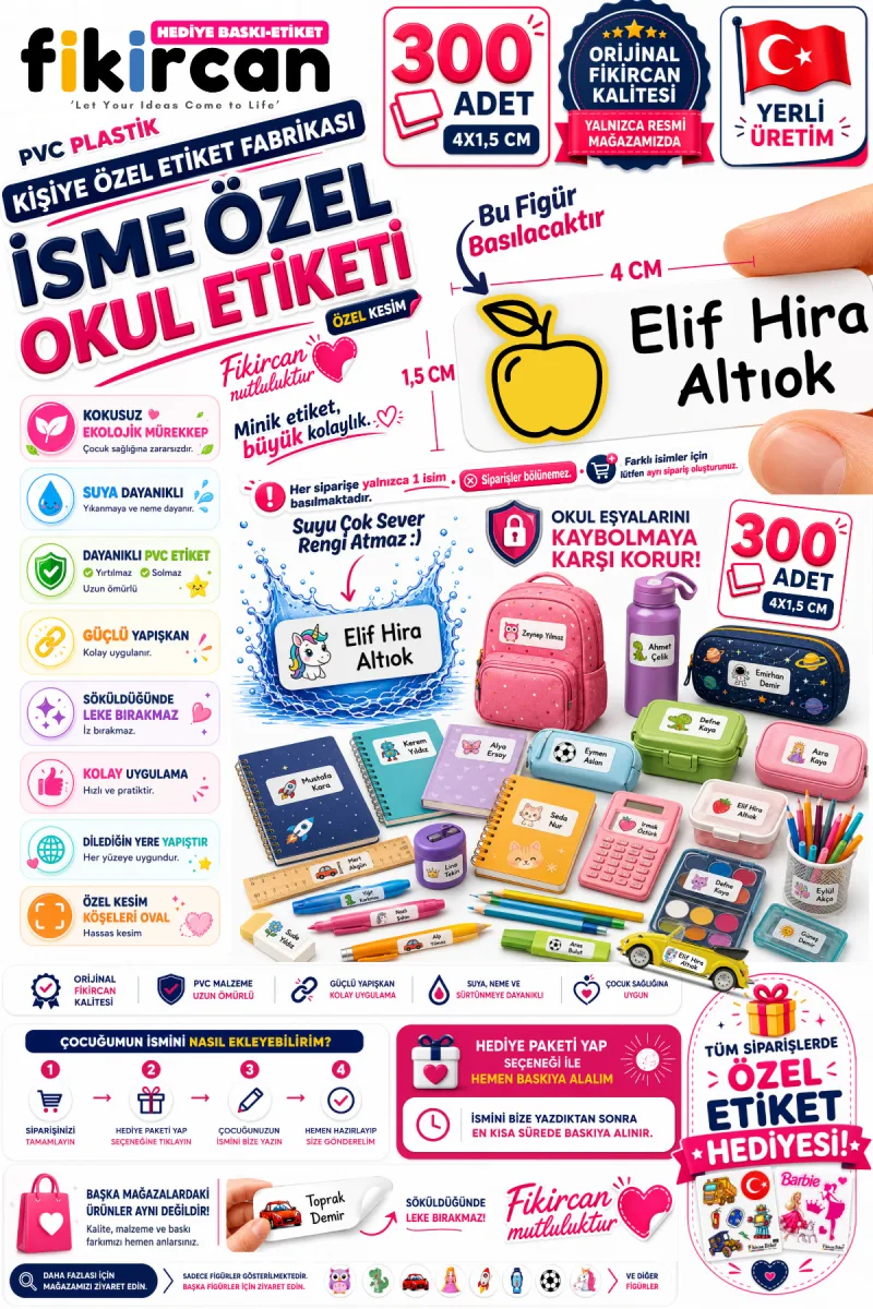 İsme Özel Okul Etiketi - 300 Adet - 1.5 x 4 cm - PVC Etiket - FİGÜR 109