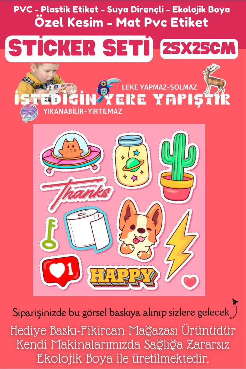 Fikircan Etiket Seti 25x25cm Pvc Sticker -Defter-Laptop-Tablet-Telefon-Dolap-Cam vb Her yere Yapışır — fotoğraf 2