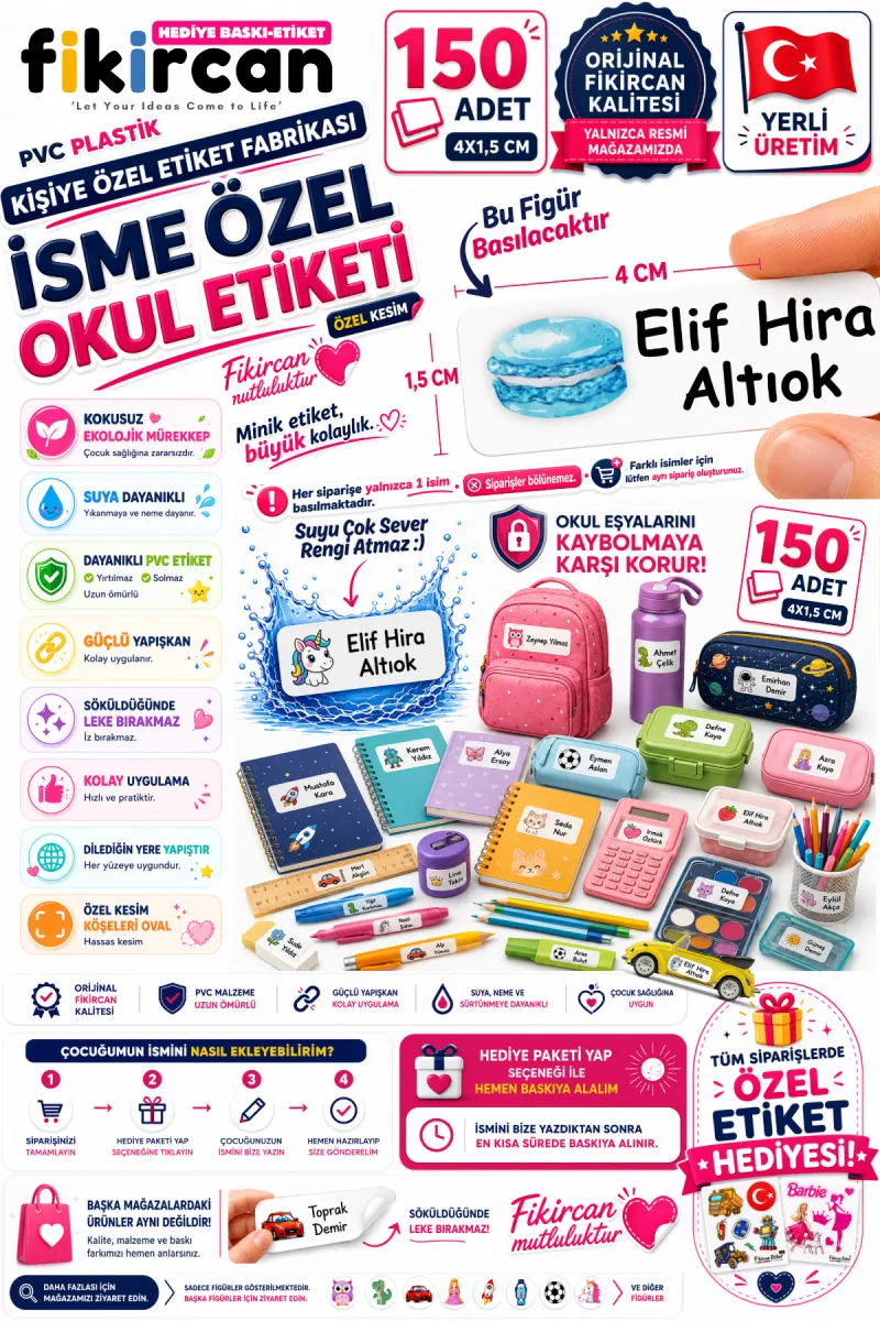 İsme Özel Okul Etiketi - 150 Adet - 1.5 x 4 cm - PVC Etiket - FİGÜR 41
