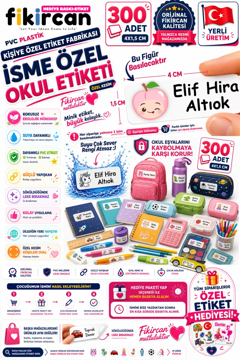 İsme Özel Okul Etiketi - 300 Adet - 1.5 x 4 cm - PVC Etiket - FİGÜR 103