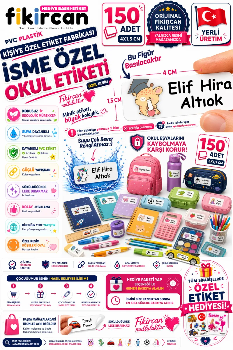 İsme Özel Okul Etiketi - 150 Adet - 1.5 x 4 cm - PVC Etiket - FİGÜR 108