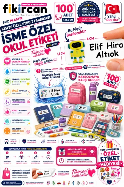 İsme Özel Okul Etiketi - 100 Adet - 1.5 x 4 cm - PVC Etiket - FİGÜR 74