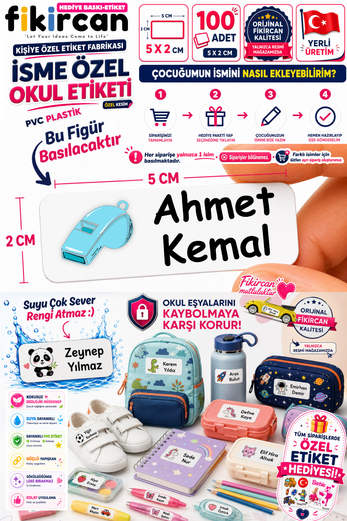 İsme Özel Okul Etiketi - 100 Adet - 5 x 2 cm - PVC Etiket - FİGÜR 99