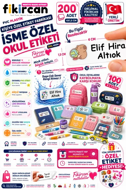 İsme Özel Okul Etiketi - 200 Adet - 1.5 x 4 cm - PVC Etiket - FİGÜR 49
