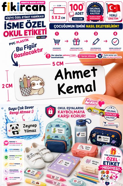 Isme Ozel Okul Etiketi - 100 Adet - 5 x 2 cm - PVC Etiket - FİGÜR 68