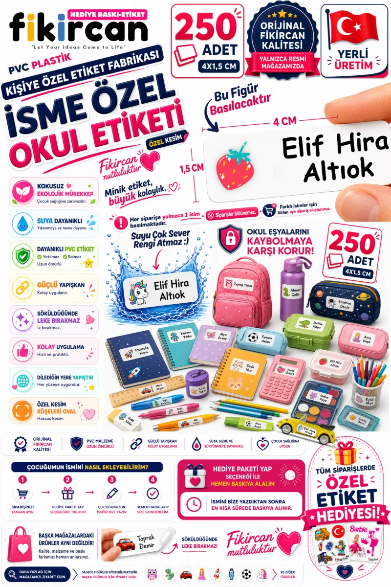 İsme Özel Okul Etiketi - 250 Adet - 1.5 x 4 cm - PVC Etiket - FİGÜR 31
